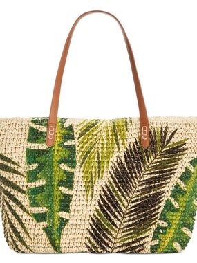 INC International Concepts Palm Leaf Straw Tote in Natural, Green & Brown